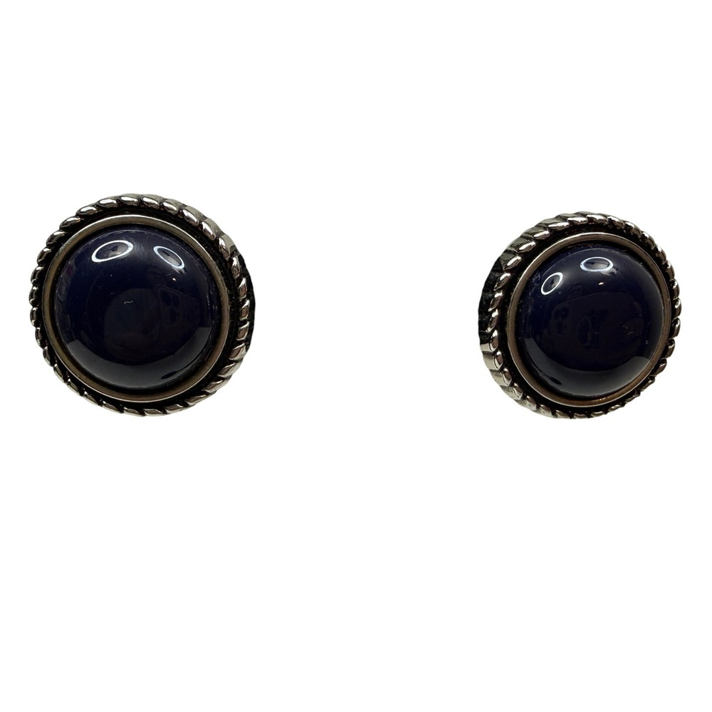 VTG Navy Blue Cabochon Stud Earrings Silver Tone Rope Edge Costume Jewelry 1 in